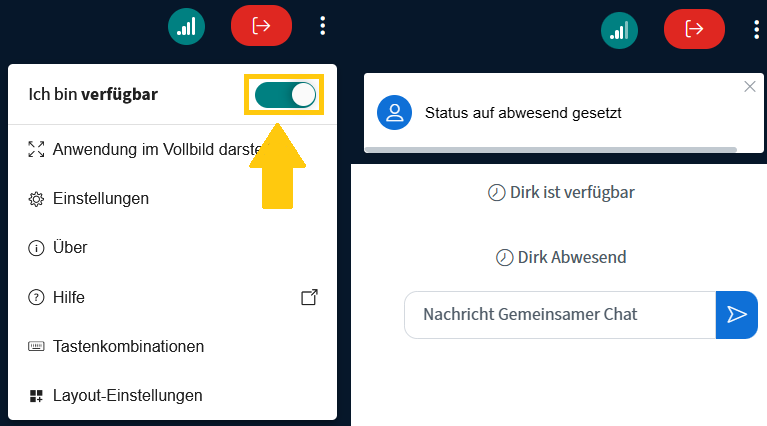 Anzeige des Abwesenheitsmodus mit Symbol neben dem Namen