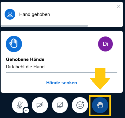 Neue Schaltflächen für Hand heben und Videokonferenz verlassen